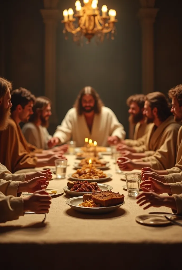 Aqui está o prompt que usei para gerar a imagem:  

**Prompt:**  
*"A third-person perspective of someone sitting at the table during the Last Supper with Jesus. The viewer sees only their own hands resting on the table, as if they are part of the scene. J...