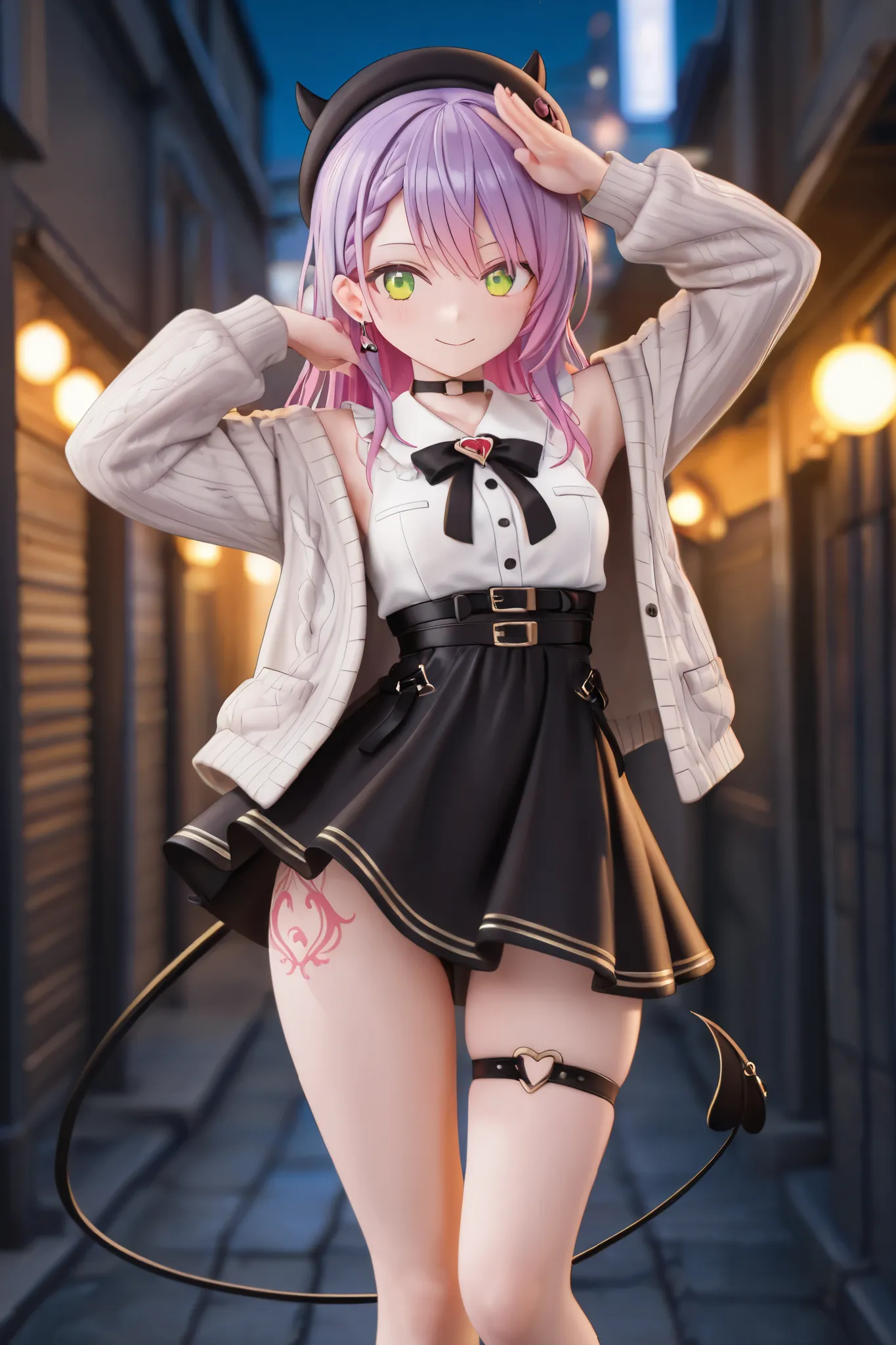 NSFW,masterpiece,最high quality,High Resolution,in white for summer very detailed, Tokonami Towa(Hololive),purple hair,green eyes,earrings, devil's tail,minefield fashion, frill shirt 、high waist skirt、gray cardigan、beret,thigh strap、Thigh Tattoo, night ent...