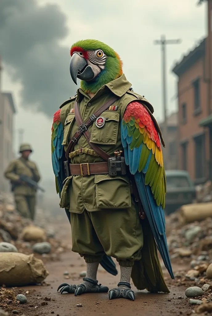 Generate a picture about a parrot in world war 2 army clothes! Nacy