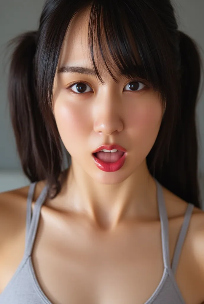 (masterpiece, best quality:1.3), 8k, ultra high resolution, ultra accurate, realistic, ((hyper realistic)), natural skin, as is, shiny skin, photo taken from above by the viewer, close-up, focus on her face, fully nude, black hair, long hair, dark eyes, ((...