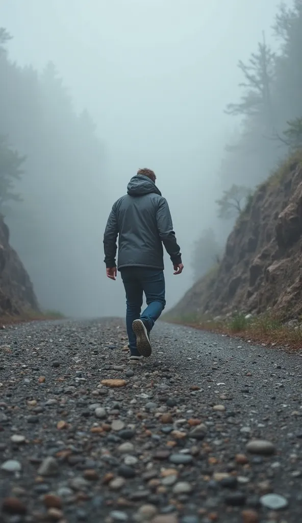 A person trying to walk along a steep or uneven road, with their feet slipping slightly, as if struggling to maintain balance. The path may be covered in loose rocks or fog, symbolizing the internal and external challenges that cause one's steps to falter.