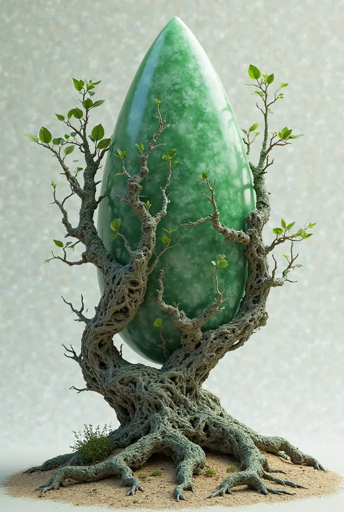 Create an image that mixes roots on one side and the other with the jade stone, And let it be very realistic and crude