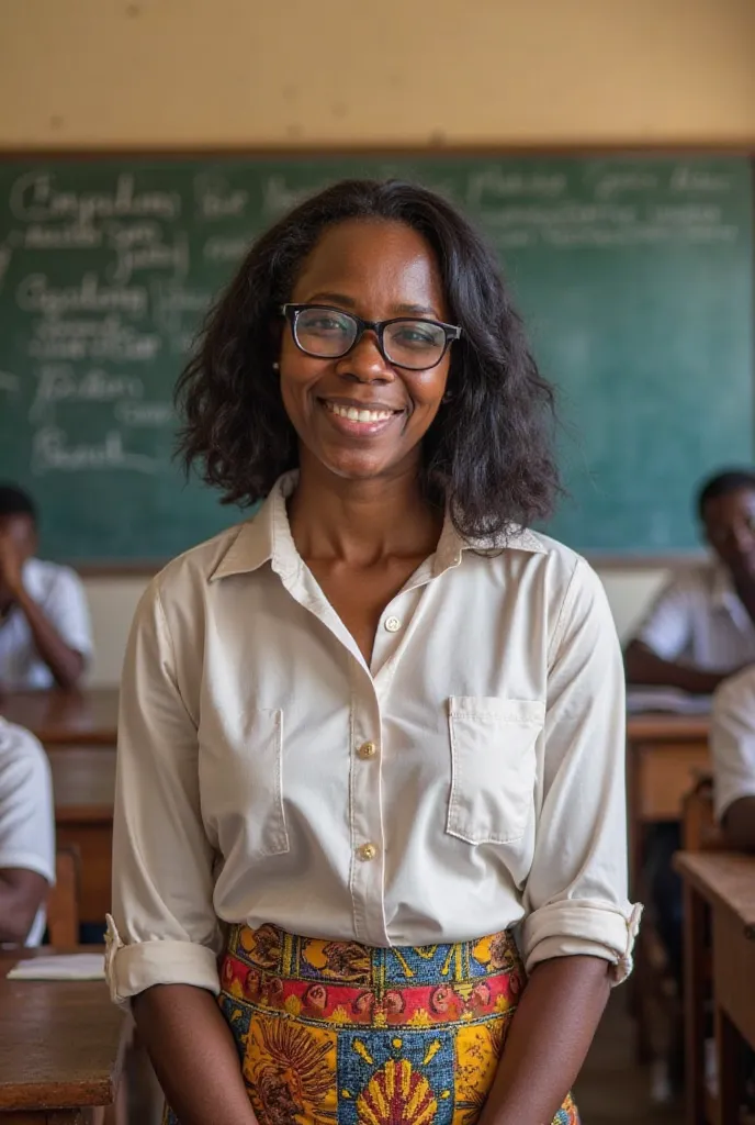 Portrait of a 40-year-old Tanzanian woman named Imani, a school teacher. She has medium-length black hair, wearing a pair of glasses and a formal blouse with a colorful African print skirt. She is standing in a simple classroom with chalkboards and wooden ...