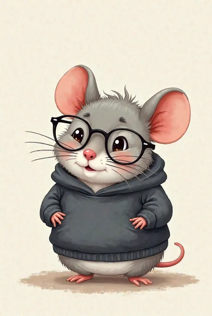 Ugly gray mouse with round glasses and a dark gray sweatshirt