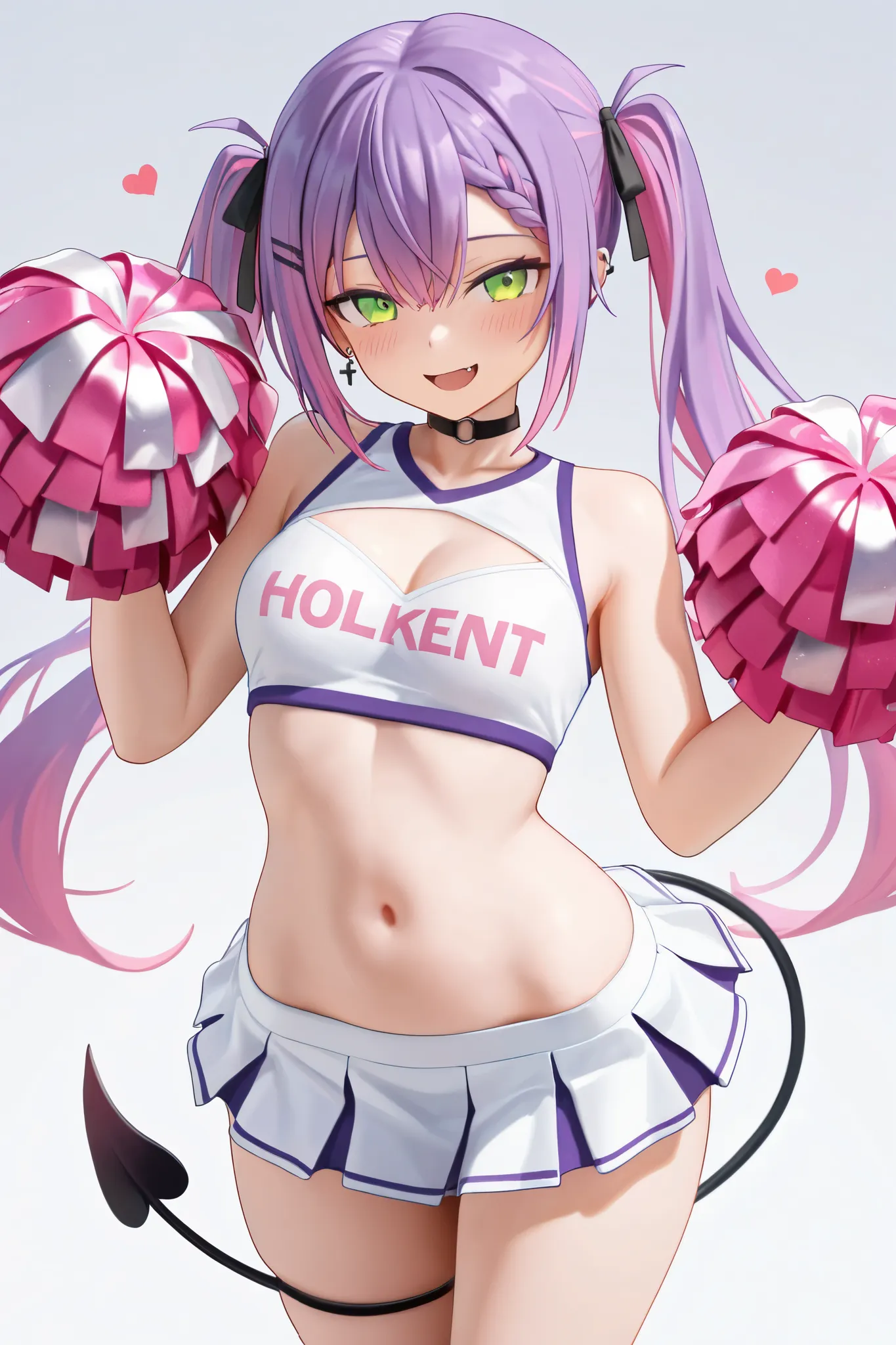 NSFW,masterpiece,top quality,High Resolution,in white for summer very detailed, Tokonami Towa(Hololive),long hair,Twin Tails,purple hair,green eyes,earrings, devil's tail,cheerleader with radiant skin,Cheerleader Crop Top Shirt,miniskirt,seductive look,Bew...