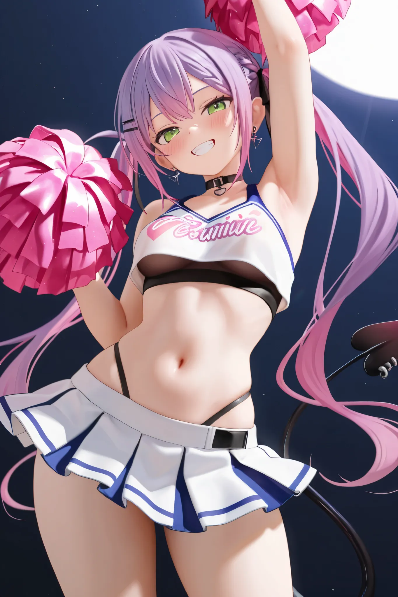 NSFW,masterpiece,top quality,High Resolution,in white for summer very detailed, Tokonami Towa(Hololive),long hair,Twin Tails,purple hair,green eyes,earrings, devil's tail,cheerleader with radiant skin,Cheerleader Crop Top Shirts,miniskirt,seductive look,Be...