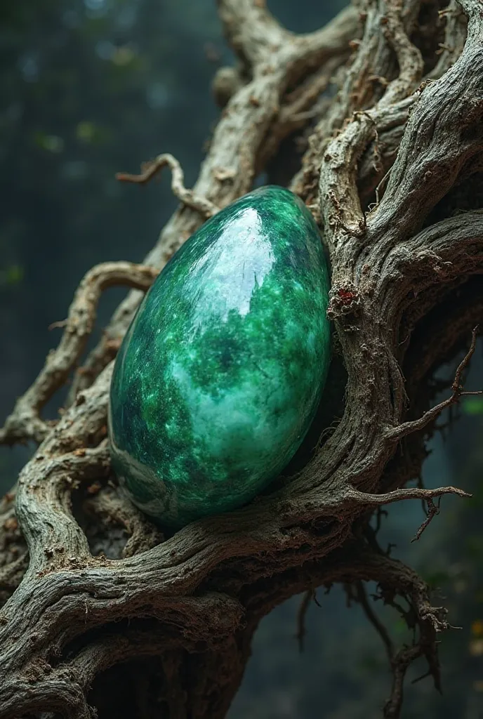 Create an image that mixes roots on one side and the other with the jade stone, And let it be very realistic and raw with a dark background