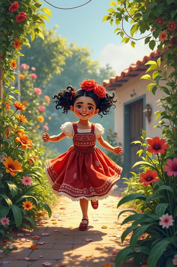  (Young Frida, around , runs happily through a garden in Coyoacán, Mexico.) Narration: "Frida Kahlo was born in 1907 in Mexico City, but she always claimed 1910, the year of the Mexican Revolution, as her birth year." Házmelo en una imagen

