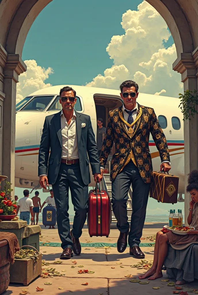 Here is a detailed prompt to generate the desired image:  

*"An illustration depicting economic inequality in Brazil. on one side, famous singers wearing fancy clothes and dark glasses hold suitcases full of money while boarding a luxurious private jet bo...