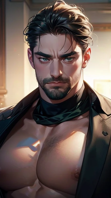 (  thighs,4K,8k,   highres,  masterpiece :1.2),  breasts  ,(Realistic,photoRealistic,photo-Realistic:1.37),36-year-old man,3 day beard,Beautiful anime,Portraits,strong,masculine,      hair with dark hair  ,sharp jaw,       mesmerizing green eyes   ,    per...