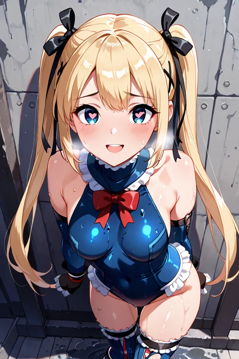  blue eyes, blonde hair, hair ornament, hair ribbons, long hair, Twin Tails, very long hair, x hair ornament, , black ribbons, frilled, ribbons, frills, dead or alive,  bare shoulder upper body, smile, viewers,  Shiny Skin,full body,
 best quality, masterp...