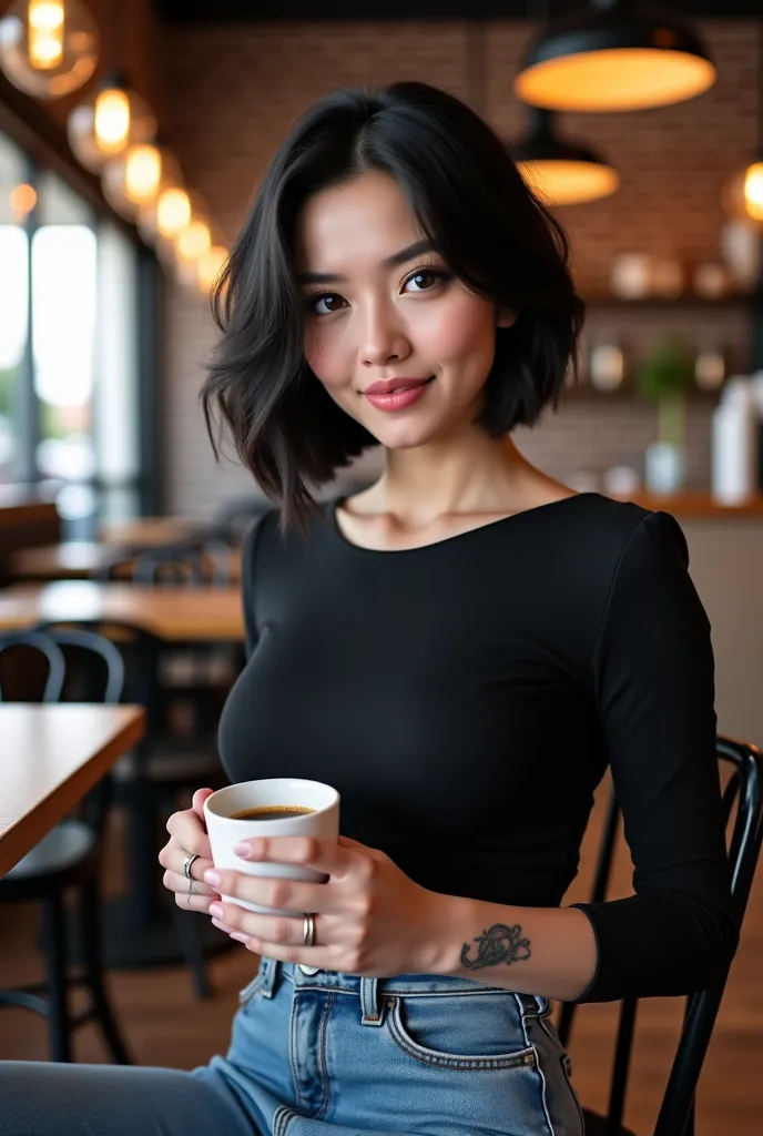 "Hyper-realistic photograph of the same young influencer digital,  with well-aligned short black hair , subtle makeup and discreet tattoos on her arms. She wears a tight black blouse and high-waisted jeans.  She sits in a modern coffee shop , holding a cup...