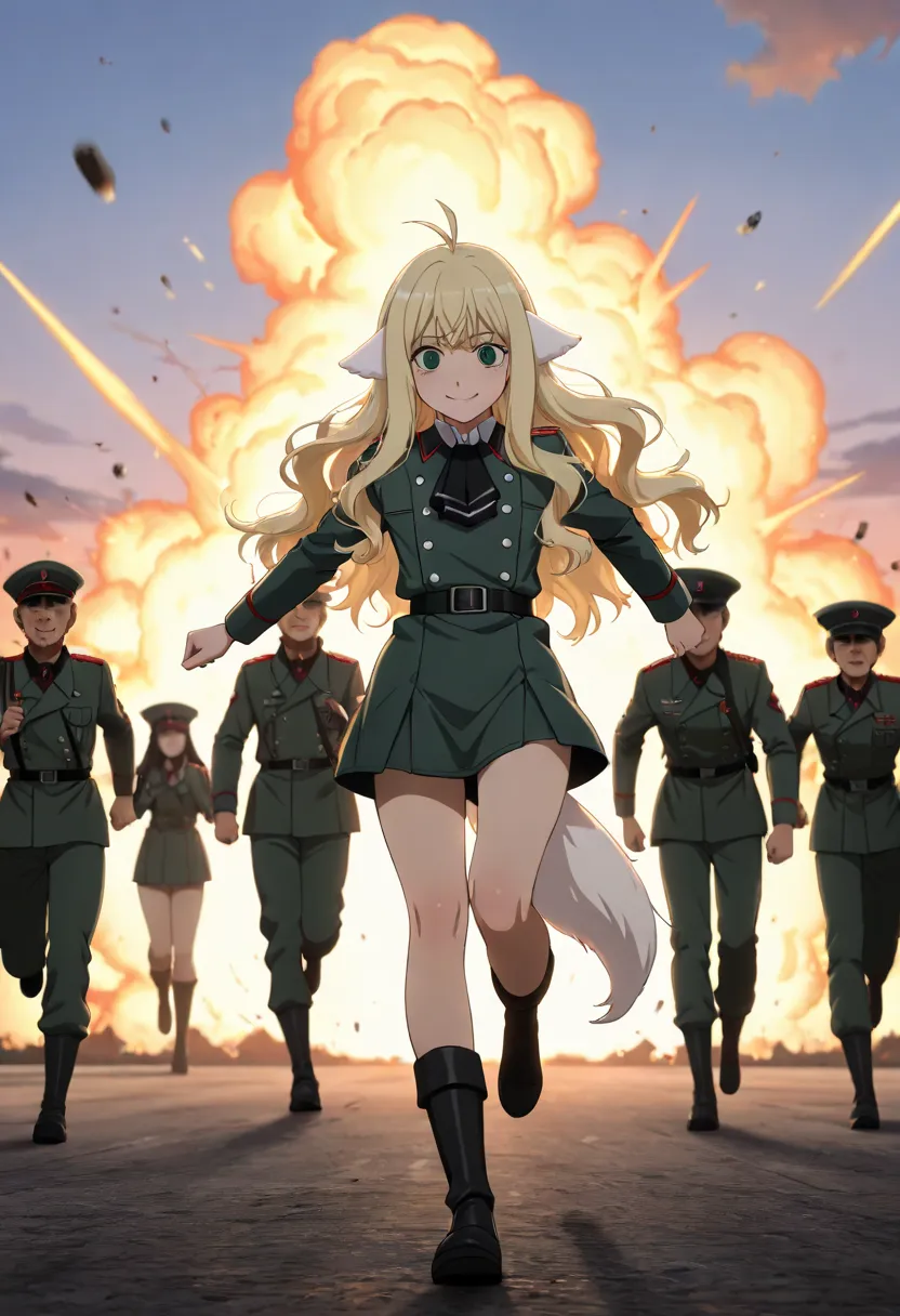 (best quality, 8k, highres, masterpiece:1.2), ultra-detailed,  ((Full body picture of (Mavis: mavis, long hair, blonde hair, green eyes, ahoge, wavy hair, white animal ears), Mavis face with worried smile, wearing (Tanya degurechaf dark green uniform: long...