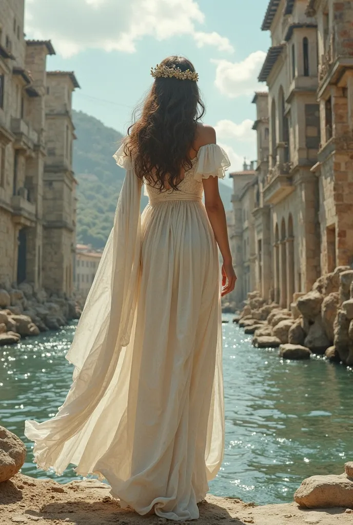 a woman in a white dress is standing on a street, trampling an ancient city, beautiful depiction, she is walking on a river, inspired by Rudy Siswanto, beautiful image ever created, by Rudy Siswanto, dressed in roman clothes, by Kristian Kreković, gorgeous...