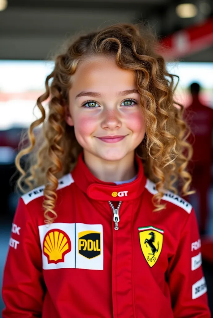 "A 25-year-old girl with light skin, blushed cheeks, and light brown eyes. She has blondish, very curly hair that cascades around her face in soft, bouncy ringlets. Her expression is warm and approachable, with a slight smile. She is wearing a sleek, red F...