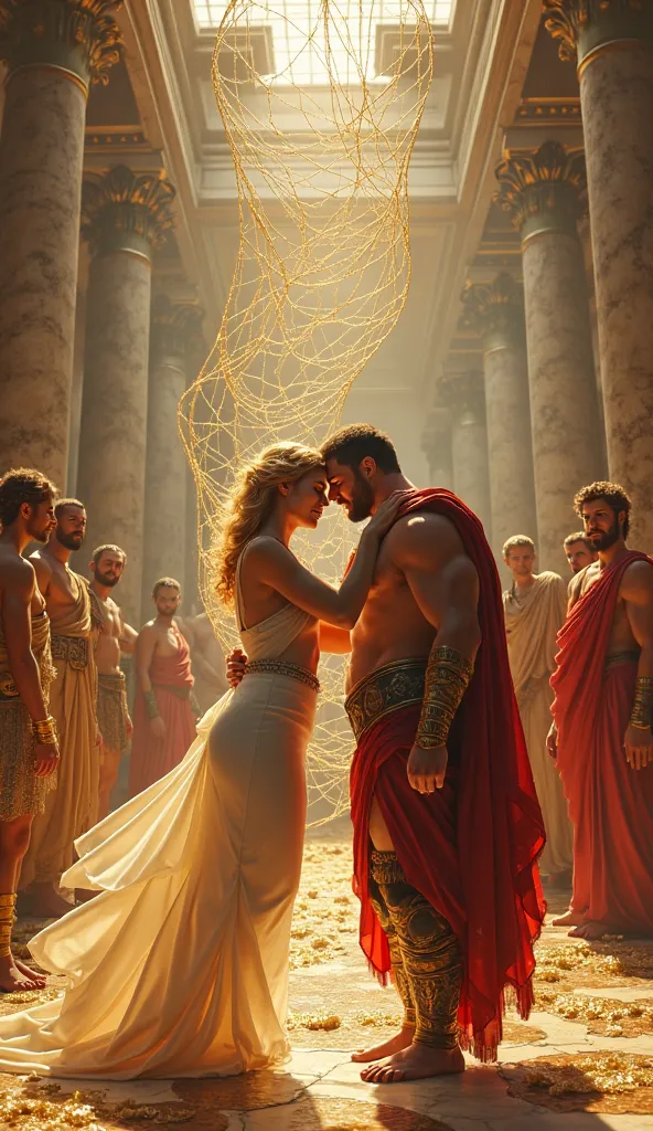 A stunningly realistic scene of Aphrodite and Ares caught in Hephaestus' unbreakable golden net, frozen in shock and shame. Aphrodite, the goddess of beauty, is draped in a delicate silk gown, her golden hair cascading in waves, her expression a mix of fur...