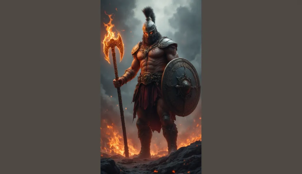 a Greek god named Ares with a fire axe and shield, Ares wears a helmet and red eyes
