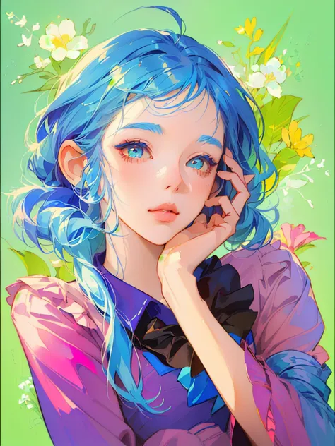 a painting of a girl with blue hair and a flower in her hand, anime style portrait, lofi portrait, colorful sketch, inspired by Lois van Baarle, 🤤 girl portrait, 2d portrait, digital anime illustration, loish art style, anime style illustration, lofi girl,...