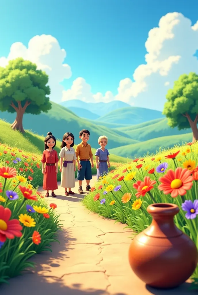 Villagers smiling and admiring a beautiful path filled with colorful flowers, with the cracked pot in the foreground.