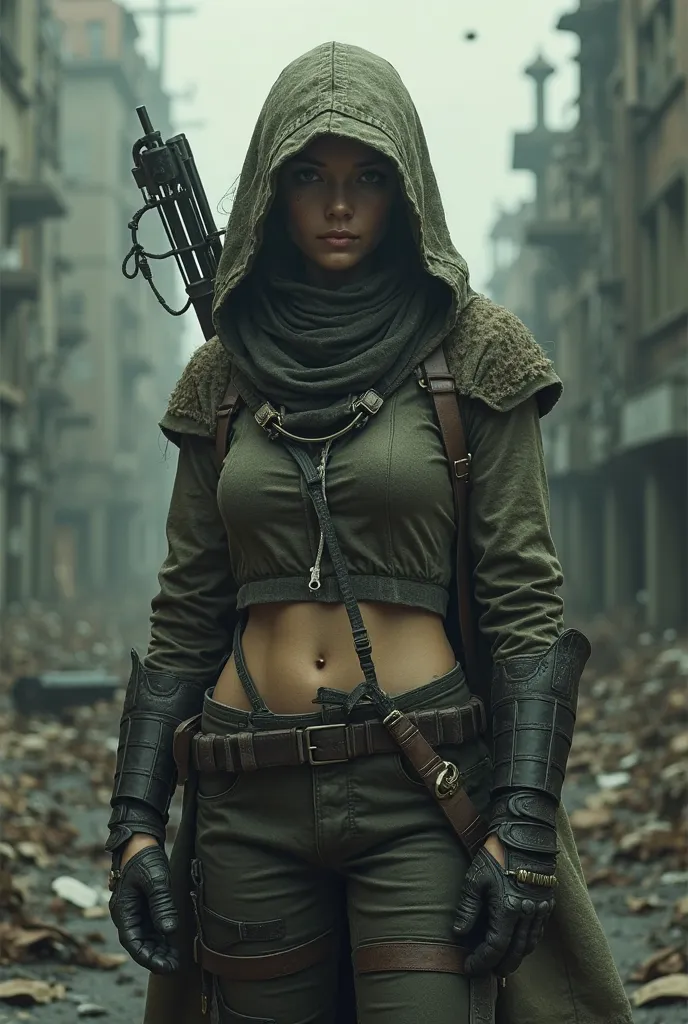 female characters in the post-World War background, แรงบันดาลใจจากเกม 7 Days to Die.  . She is equipped with a medium hide armor ., matching the appearance of the survivor .  . The surrounding scenery shows the destroyed urban environment. ,  with destroye...