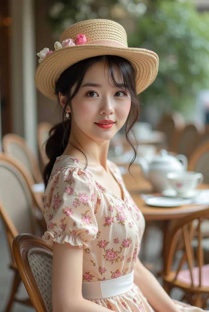 
A photo of a 30-year-old korean model dressed in vintage style clothes for a tea party. She is wearing a floral dress with a cute tea party-style hat. The focus is on the hat. The background is a tea party setting with tables, chairs, and tea sets.
