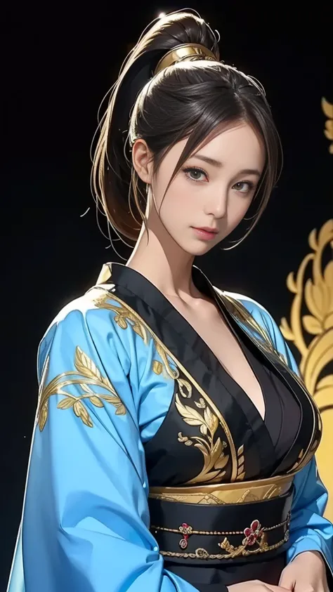 ( watercolor:1.3)、Poster Color,alone,  Beautiful Japanese female samurai、   ( foreign),is so cute,   charming eyes,((  Gentle and Gentle Smiles  )),Medium Hair for Brunettes、((ponytail)),(Big Breasts:1.3),( cleavage:1.2),(thin body:1.3),((black kimono with...