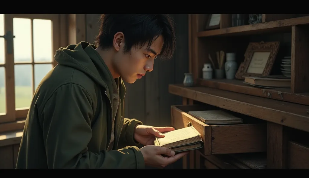 Close-up of  Saito. He explores the cabin. He finds the old diary in a drawer.