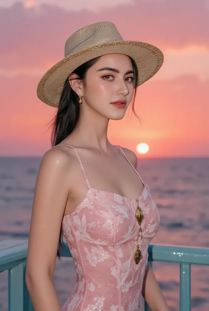 Photographed with Leica camera tone, Casual outdoor photo, (realistic:1.5), Front Angle, Eye-level Shot, UHD, ultra detailed, 16K, cinematic composition, materpiece, win award. A young Asian woman enjoying a setting sun light by the ocean, standing confide...