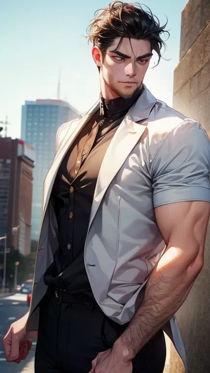 (    thighs,4K,8k,    highres,    masterpiece :1.2),    ultra-detailed    ,(Realistic,photoRealistic,photo-Realistic:1.37),36-year-old man,3 day beard,Beautiful anime,Portraits,strong,masculine,       with black hair  ,sharp jaw,         mesmerizing eyes  ...