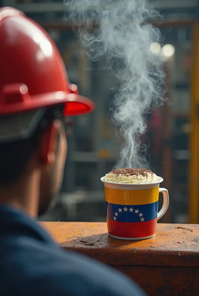 I require a photo of a coffee and the cup of the Venezuelan flag with 8 stars coming out of smoke with a cake next to an oil worker drinking at the refinery in the operational part, This job must have a red helmet with its red safety briefs