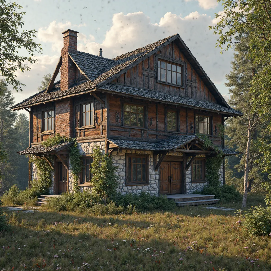 Private residential sector from rustic Soviet houses in the USSR. photorealistic, top quality shirt,  very realistic,  realistic lighting , hyperdetailed,  rocket extreme difficulty, intricate, mechanics gear , realistic textures, fine details ,  8k resolu...