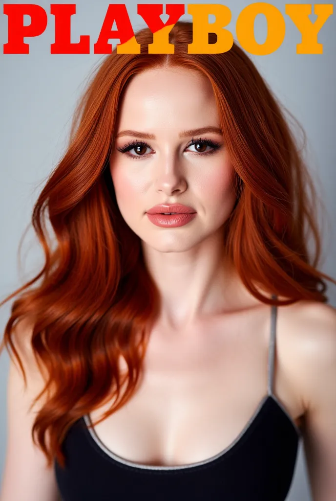  Madelaine Petsch , Cover of   "Playboy magazine",   turned to camera ,  text, Playboy says, red wavy hair