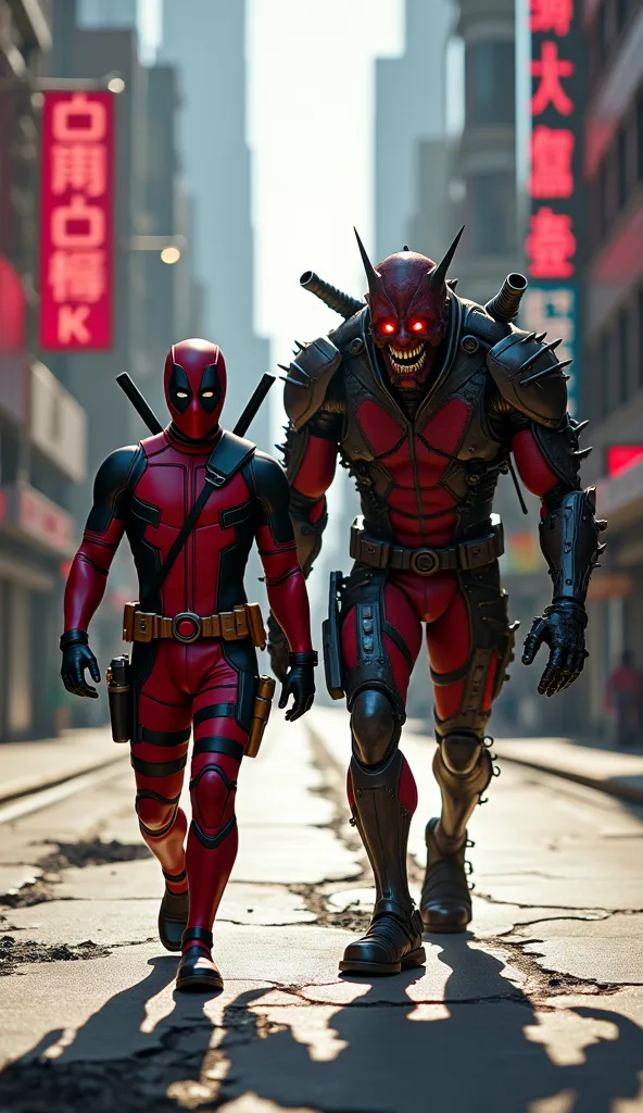 AI Prompt:

Deadpool walks straight down a futuristic city street, surrounded by neon-lit skyscrapers. He wears his signature red-and-black costume that is more detailed with ballistic fabric textures and kevlar armor. A katana sheath is slung across his b...