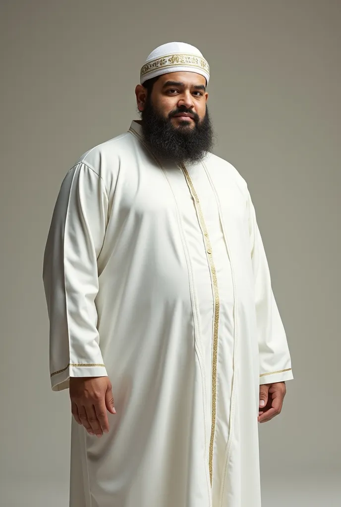 Muslim boy, wearing a white robe, white skullcap and hajj hat..this man is a little fat, 