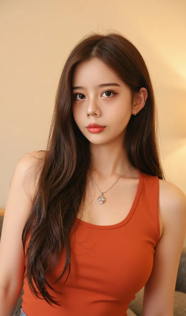 1 girl, long hair, brown hair, necklace, sleeveless top, looking at viewer, masterpiece, high details, UHD