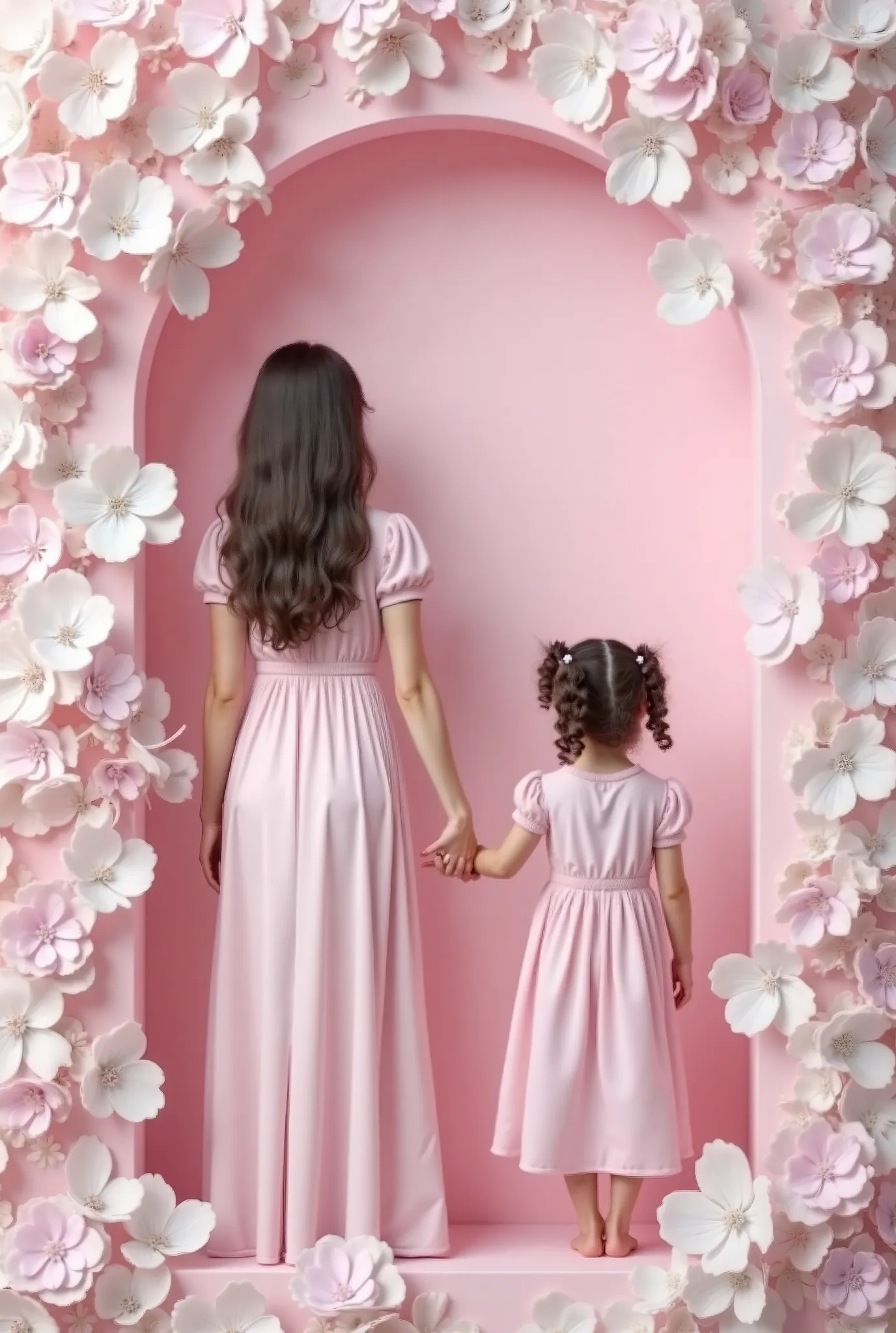 
CREATE AN IMAGE OF A MOTHER AND  HOLDING HANDS ON THEIR BACKS INSIDE A VERY LIGHT PINK ROMAN PANEL AND AROUND THE ROMAN PANEL GIANT ORGANZA FLOWERS WITH WHITE STEMS AND WHITE LEAVES. THE FLOWERS IN THE COLORS OF COURSE LILAC, light pink and light azure