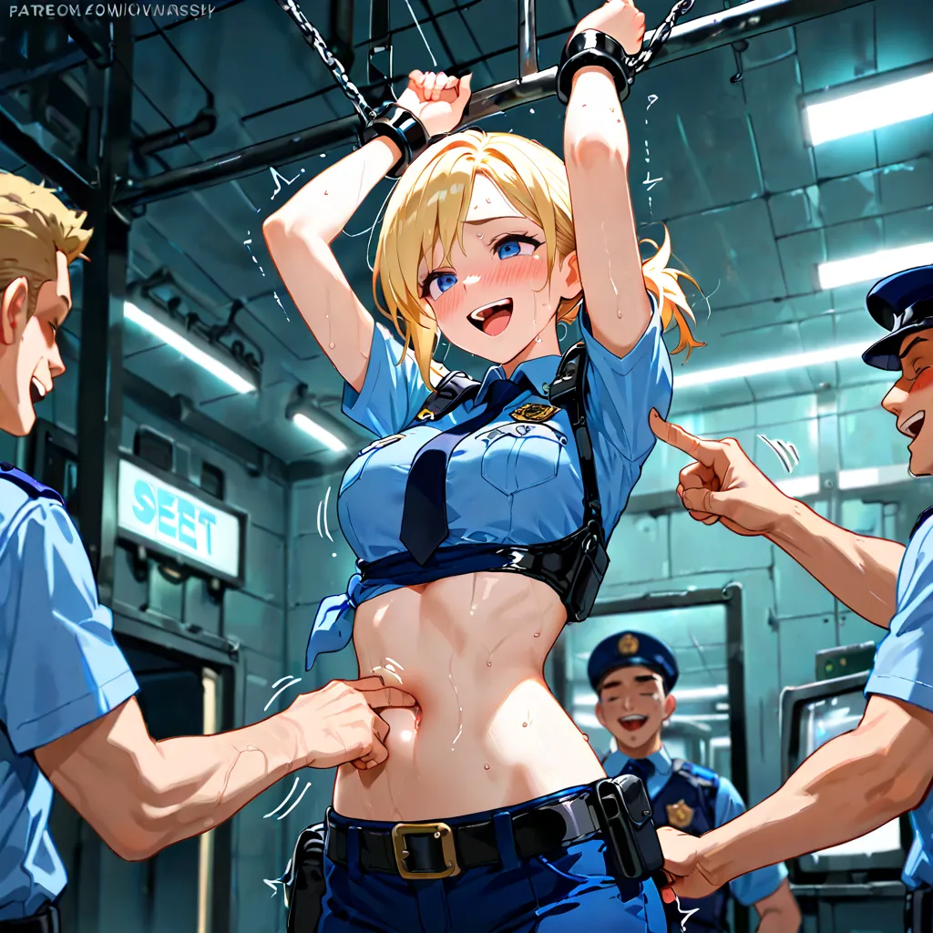 masterpiece, 1girl, 2guys, 4k, cinematic, beautiful female police officer captured, torture chamber, arms above head, (hanging from ceiling), wrists shackled, fair skin, a short blonde hair, loose ponytail, secret agent, (shirt pulled up), (exposing midrif...