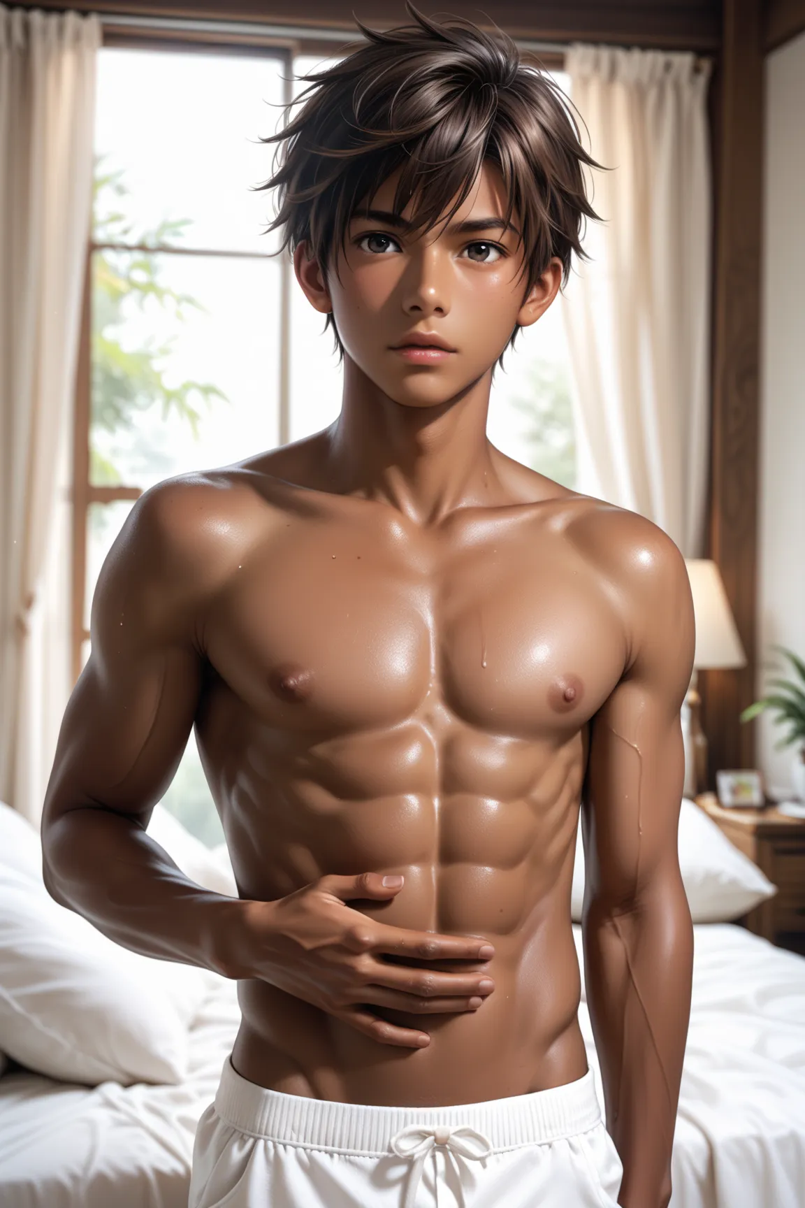 High Quality, Details, photo realstic, (solo dark brown skin Japanese young boy), topless, (abs), (Details black eyes), (black short hair),  dark brown skin face, detailed puffy nipple, looking for viewer,  uncensored, 