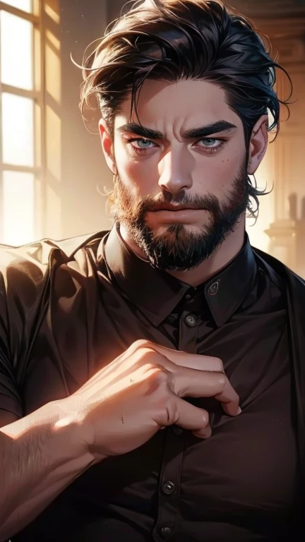 (    thighs,4K,8k,    highres,    masterpiece :1.2),    ultra-detailed    ,(Realistic,photoRealistic,photo-Realistic:1.37),36-year-old man,3 day beard,Beautiful anime,Portraits,strong,masculine,       with black hair  ,sharp jaw,         mesmerizing eyes  ...