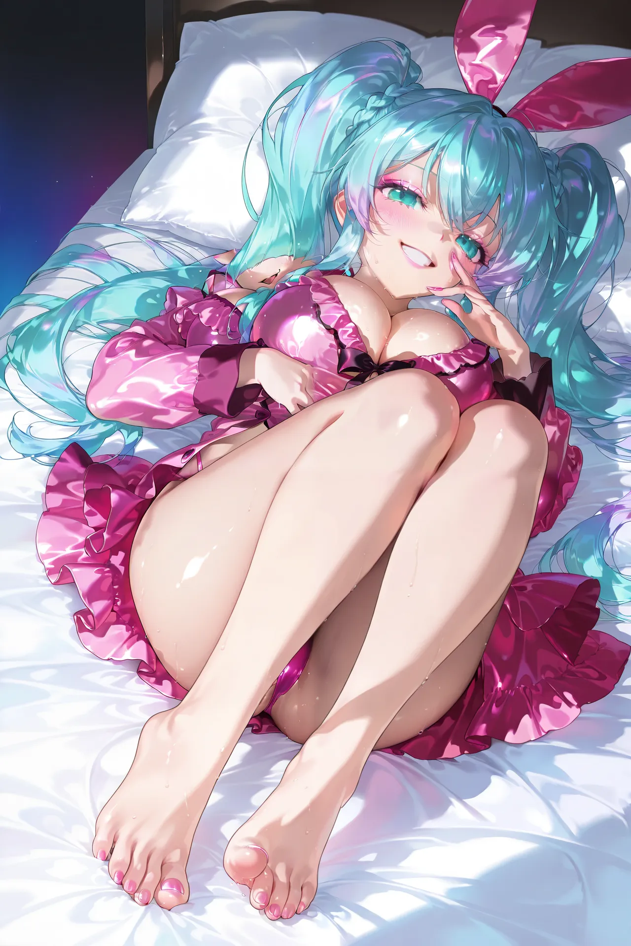 1 woman , sunrise lighting, detailed ambient lighting, neon pink eyeshadow, teal and lilac long hair, ((babydoll pajamas)), revealing chest ((masterpiece)) , 1 woman, ((colorful-haired)), (long-fluffy-haired), (teal-eyed) , (lilac and pastel blue hair) , l...