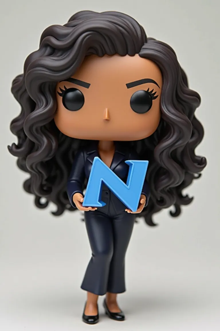 *"Create a Funko Pop style figure of a Latina woman with a medium skin tone, very long and extremely curly dark hair, and brown eyes. She is wearing an elegant dark suit, standing in a poised and graceful pose. In her hands, she holds a large blue logo wit...