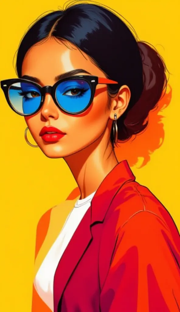 Full-size flat female figure, illustrated by Geron Allart
Bright yellow background
Rounded blue glasses. Red Shadow. High detail and complexity of the illustration.  cinematography . Pixel image processing. The viewing angle from the side and bottom has be...