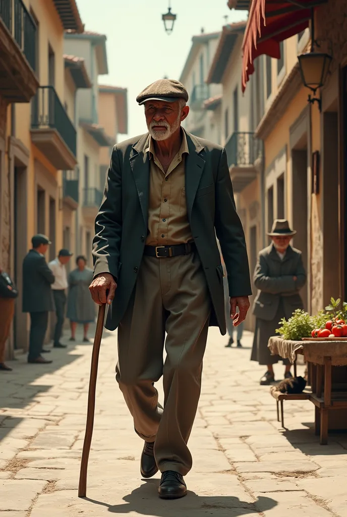 I want the player Cristiano Ronaldo dressed as an old man walking down the street of a town with a cane
