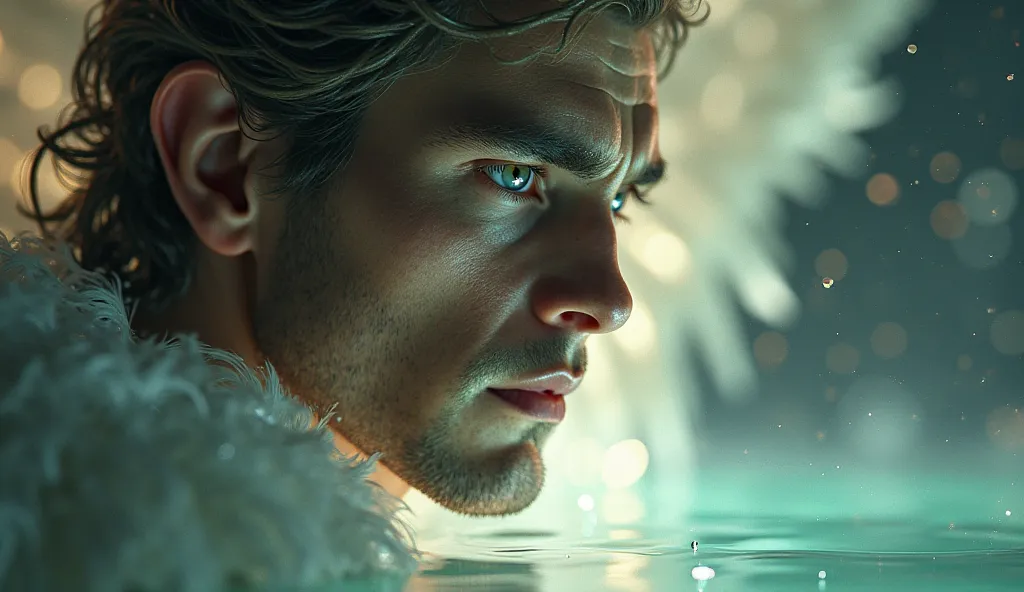 Lucifer’s Reflection – A close-up of Lucifer gazing at his reflection in a pool of divine light, his face showing ambition and pride