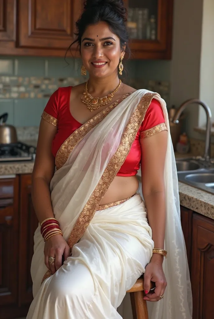 40 year old indian married women looking at the viewer, wearing shiny glossy and reflective finish polyester plus size transparent white silk long sari and red silk blouse , big Fat ass,wide hips,Big thighs, scooped Big breast, Voluptuous Body,fat wide ass...