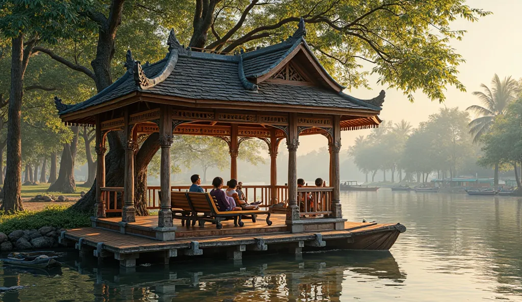 "Design a Thai wooden gazebo by the water with a traditional gable roof, finely carved wooden poles, wooden floors slightly raised from the water, there is a wooden balcony railing with Thai motifs. Inside the pavilion there is a long wooden bench for rela...