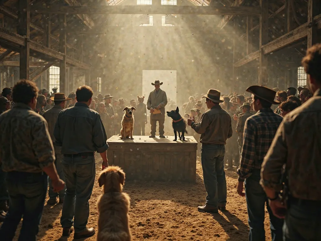 Vintage cinematic scene of a dog auction in a dusty, rustic barn. The atmosphere is somber and nostalgic, with muted, earthy tones resembling an old movie. Farmers and breeders fill the crowded space, dressed in worn denim, flannel shirts, and rugged boots...