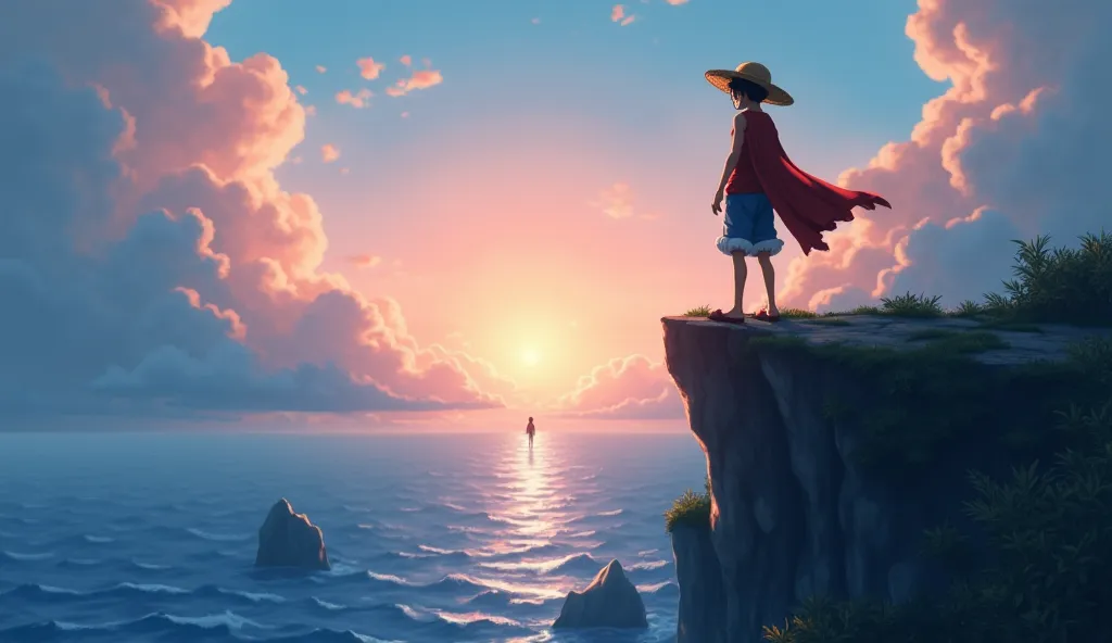 "An adventurous scene of Luffy setting out on his journey from the East Blue. The sky is filled with soft hues of morning light, signaling the start of an epic adventure. Luffy, with his straw hat, stands at the edge of a cliff, looking toward the horizon ...