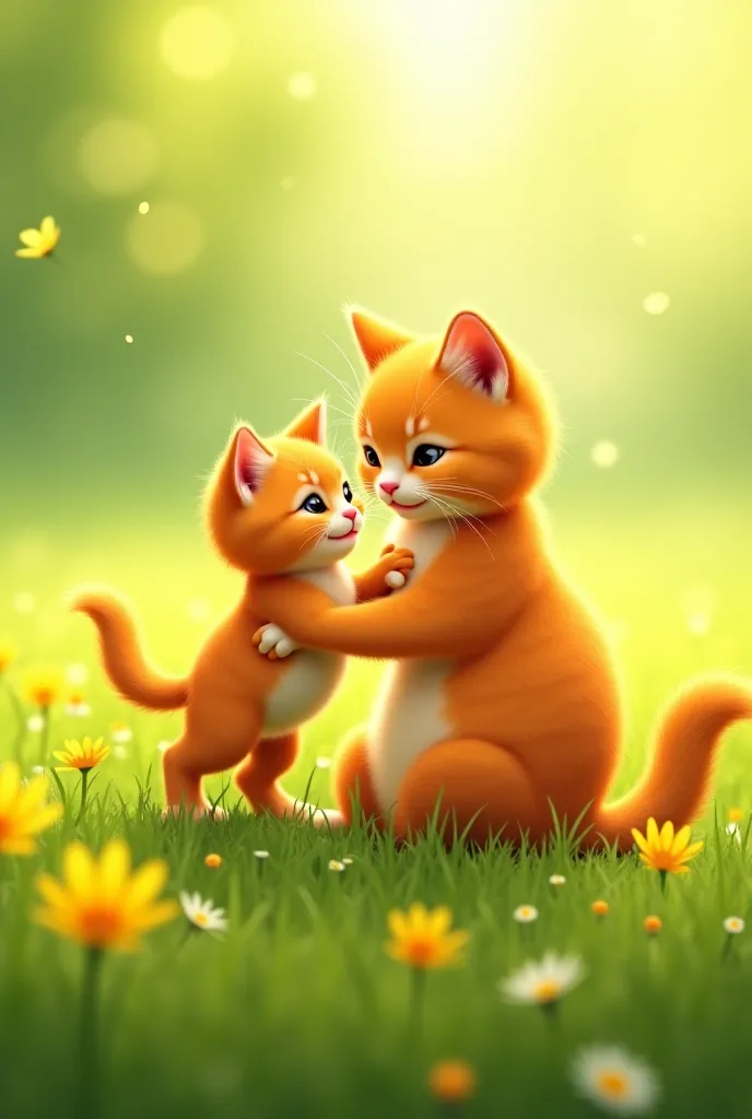 "An adorable orange kitten plays happily with its mother, an adult orange cat, in a sunny green field. They roll together on the grass, with tender glances."

