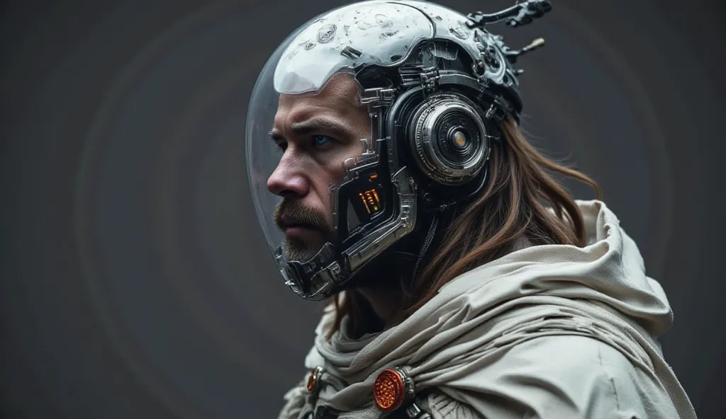 Ulises 31,  A young and strong man , with long milky hair, abundant and brown,  with mustache and beard , very handsome and similar to Chris Hemsworth and with blue eyes, wearing a futuristic silver space warrior costume, technological,  with a short white...